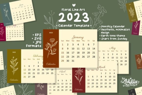 2023 Calendar Template Floral Earth Tone